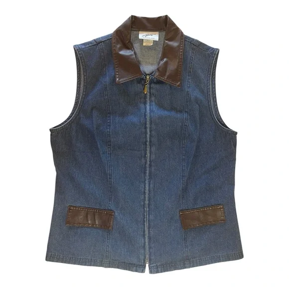 Graff Vintage Denim Vest w/ Leather Trim Collar & Pockets - Picture 1 of 11